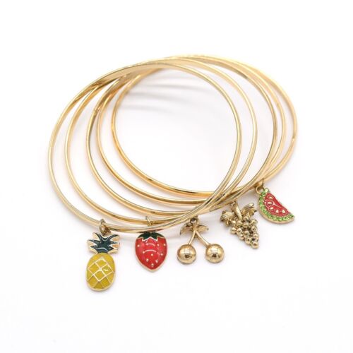 Gold 5 Piece Set Enamel Fruit Charm Bangles