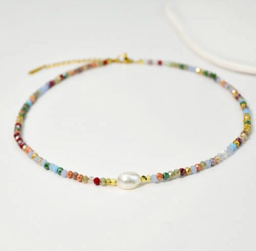 Multicoloured Beaded Glass Stones And Cultured Pearl Necklace