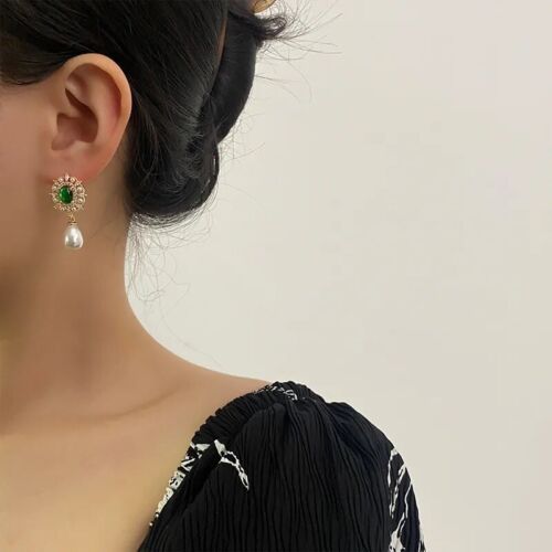 Gold Plated Copper Pearl And Green Zirconia Stone Drop Earrings