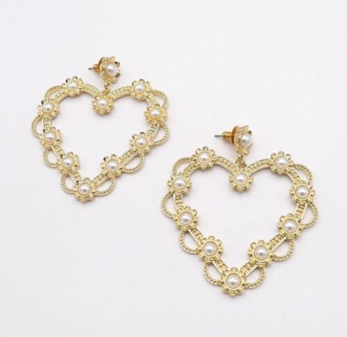 Statement Hollow Gold Heart and pearls Drop Earring