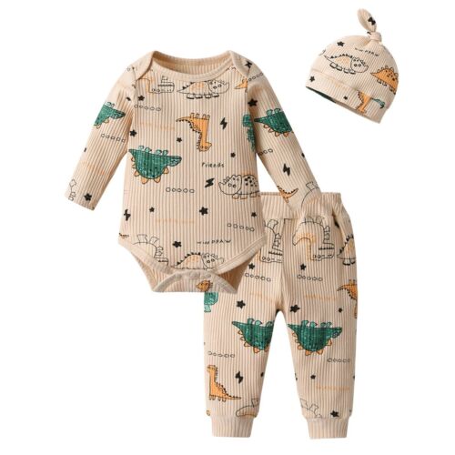 6-9 month Baby Boys Beige Cotton Romper Bodysuit, Pants and Hat Dinosaurs Set