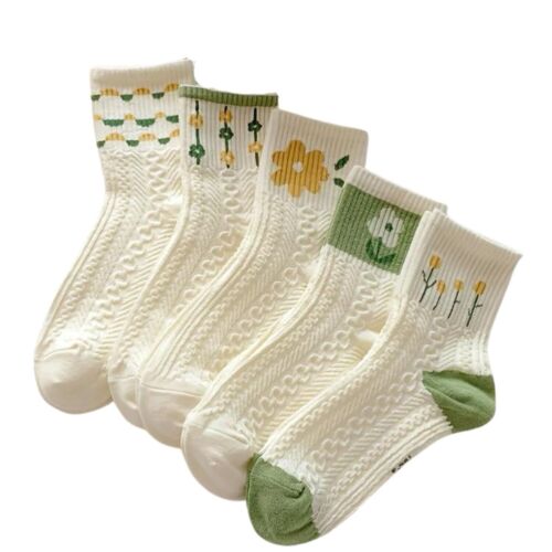 White And Green Retro Style 5 Pair Women Floral Socks