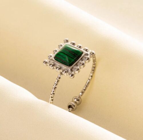 Silver Stainless Steel Green Adjustable Vintage Style Ring