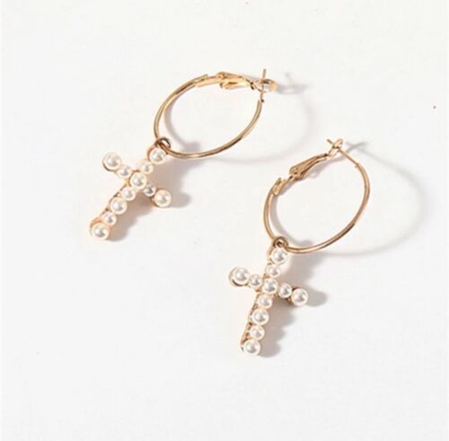 Pearl cross pendant Gold Hoop Earring