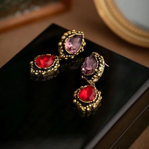 Copper Gold Plated Vintage Style Red And Pink Cubic Zirconia Drop Earrings