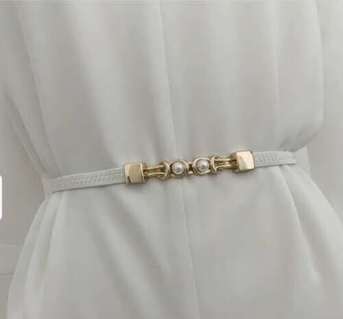 White And Gold Pearl Round Buckle Adjustable Thin Elastic Women’s Belt