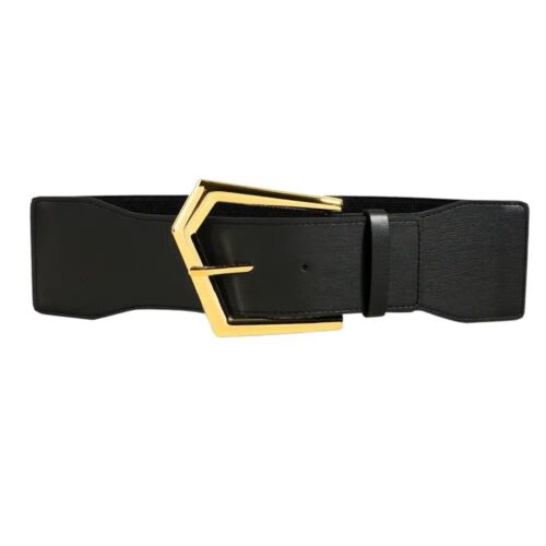 Black And Gold Wide Buckle Adjustable Stretchy Band Women’s Belt