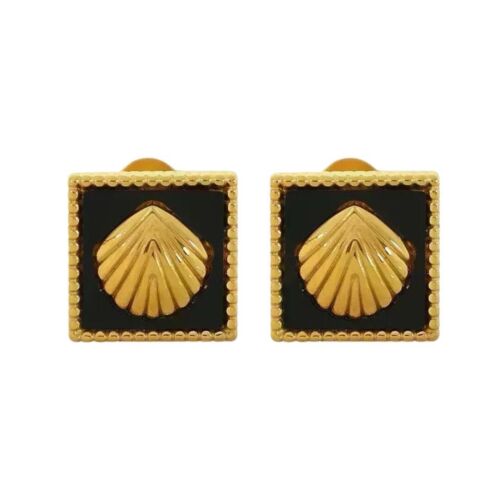 18k Gold Plated Stainless Steel Square Shell And Black Acrylic Stud Earring