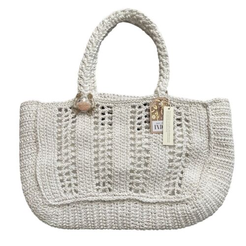 White Handmade Crochet With Beaded Crab Charm Beach Bag