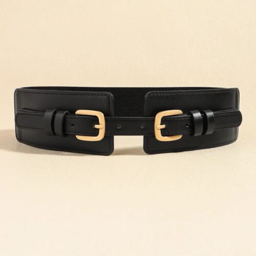 Black And Gold Double Buckle Adjustable Elastic Band Women’s Belt