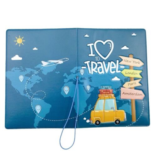 Blue/ Teal I Love Travel Faux Leather Passport Cover/Holder