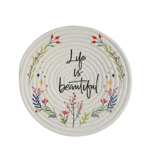 White Handmade Life Is Beautiful Floral Cotton Round Heat Insulation Pad Set