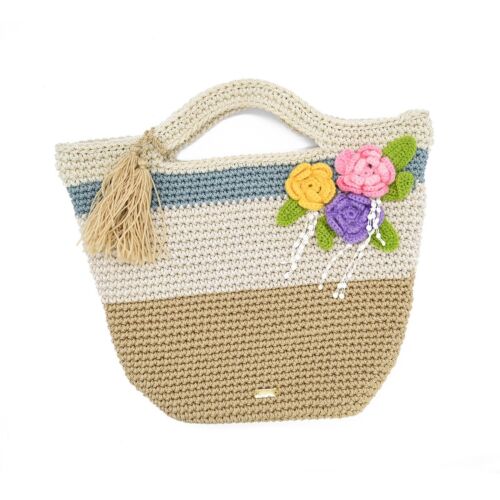 Multicolor Handmade Crochet Floral Beach Bag With Tassels