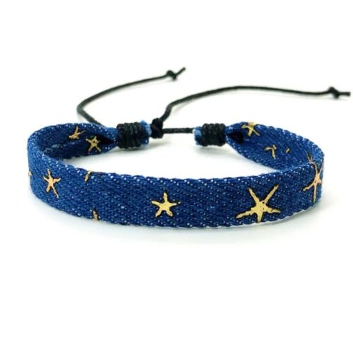 Dark Blue Woven Denim Gold Stars Adjustable Bracelet