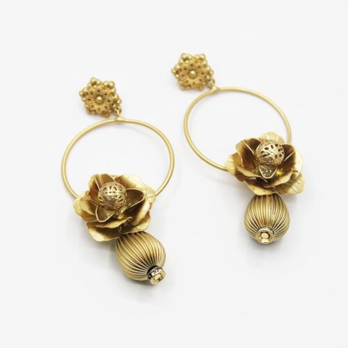 Matte Gold Flower/Floral Drop Earring With Rhinestones