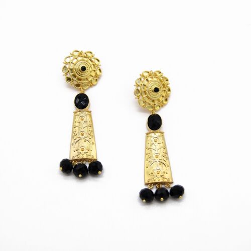 Handmade 22k Gold Plated Brass Black Onyx Flower Drop Earrings