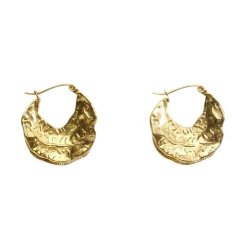 18k Gold Plated Textured Hammered Stainless Steel Hoop Earrings