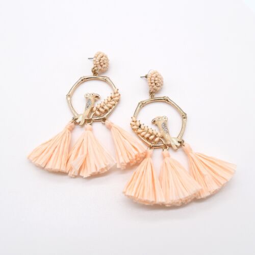 Pink/peach And Gold Handmade Beaded Parrot Staw Tassel earring