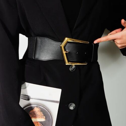 Black And Gold Wide Buckle Adjustable Stretchy Band Women’s Belt