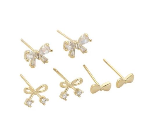 Gold And Cubic Zirconia Bow Earrings 3 Pieces Set