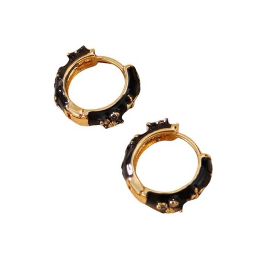 Black Epoxy, Flower Zircon And 14k Gold Plated Mini Hoop Earrings