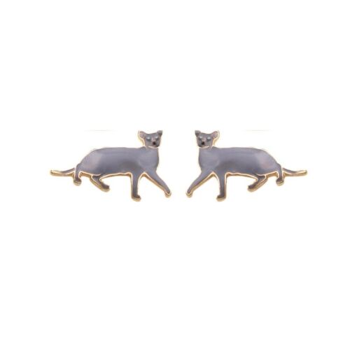 Gold And Enamel Grey Cat Stud Earring