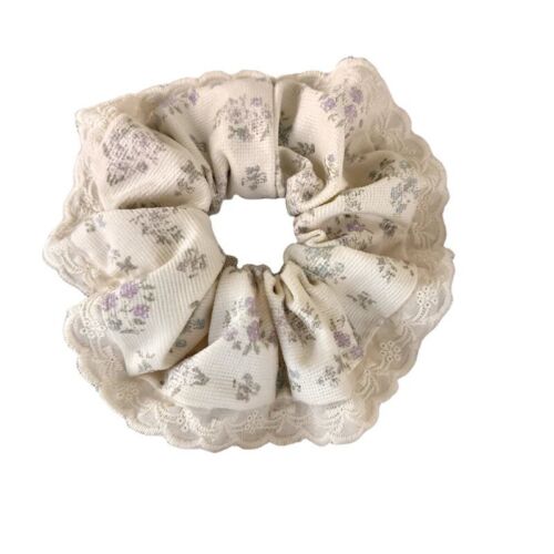 White Velvet Brown And Lavender Blue Floral Hair Scrunchie/ Hair Tie