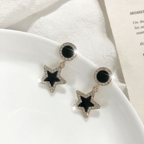 Stars Rhinestone And Black Enamel Drop Earrings