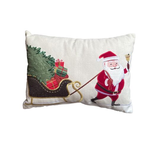 White Santa Christmas Cart Embroidered Pillow