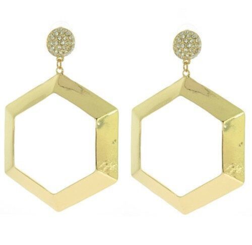 Gold Hexagon With Rhinestones Post Statement Drop Earring