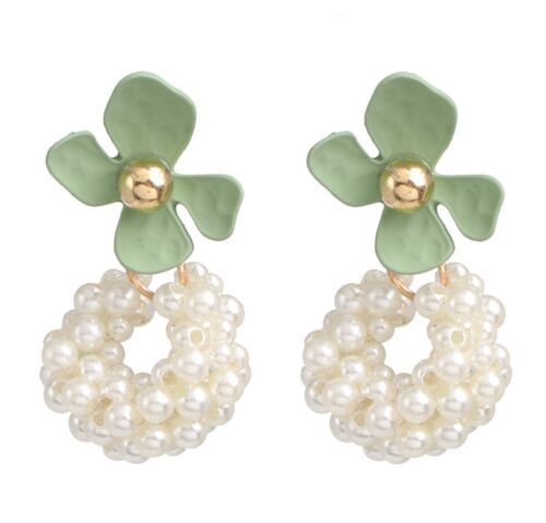 Green Clay Flower With Cluster Pearls Drop Earrings