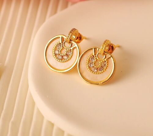 Mini 18k Gold Plated And White Enamel, Zircon Round Copper Stud Earrings