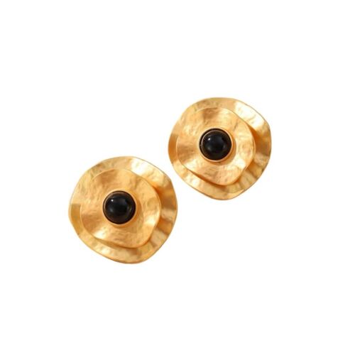 14k Gold Plated Irregular Hammered Round Stud Earring With Black Bead