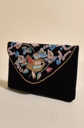 Black Handmade beaded Bird And Floral Velvet Purse/bag/clutch