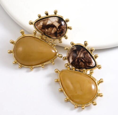 Gold Plated Brown And Beige Resin Drop Earrings