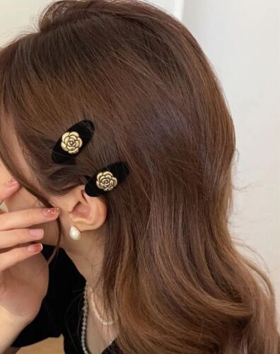 Black Mini Velvet Gold Flower Hair Clips Set Of 2