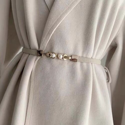 Beige/off White And Gold Pearl Round Buckle Adjustable Thin Elastic Women’s Belt