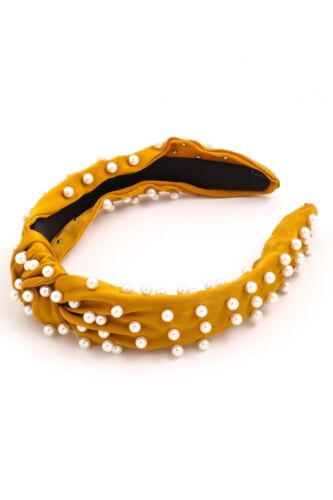 Mustard Soft Satin Pearls Knot Headband