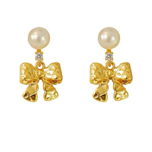 18k Gold Plated Copper Pearl Bow Drop Earrings