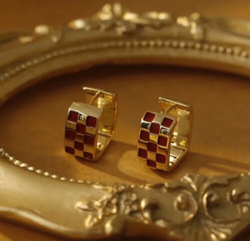 14k Gold Plated Maroon Check Square Shape Hoop Earrings