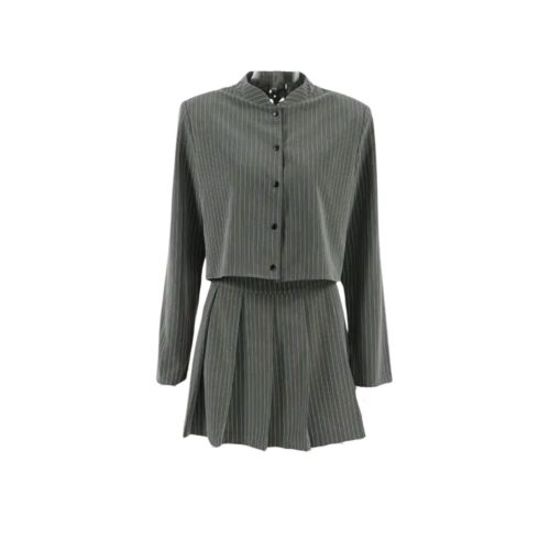 Grey Striped Matching Pleated Skirt And Long Sleeves Jacket Size S