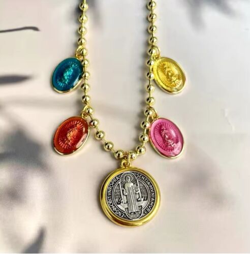 Gold Plated St Benedict And Virgin Mary Multicolored Pendants Retro Necklace