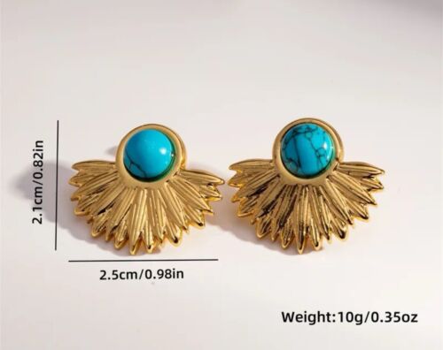 Gold Stainless Steel Lotus Flower With Turquoise Stone Stud Earring