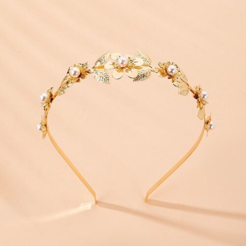 Gold Plated Thin With Flowers, Vines And Pearls Hairband/Headband