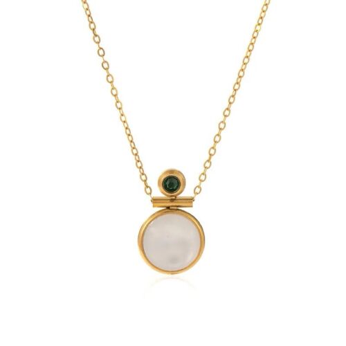 Gold Plated Titanium Steel Green And White Round Pendant Chain Necklace