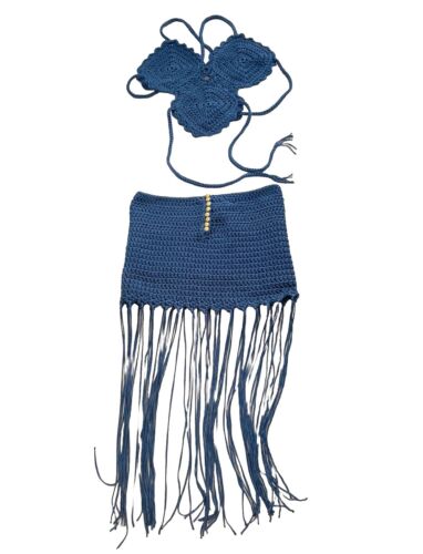 Navy Blue Handmade Crochet Top And Fringed Skirt Set