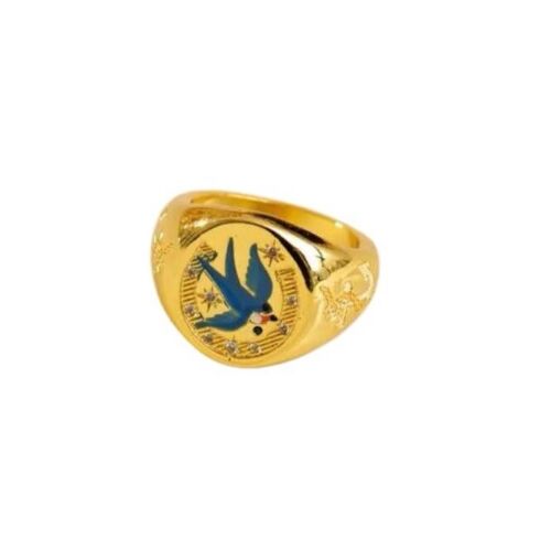 Gold And Painted Blue Bird Chunky Ring Size 9