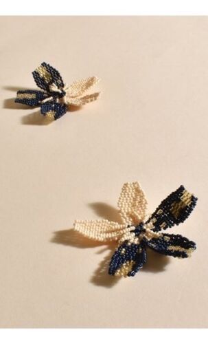 Blue And Off White beaded Flower Drop Earrings