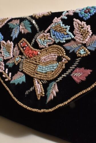 Black Handmade beaded Bird And Floral Velvet Purse/bag/clutch