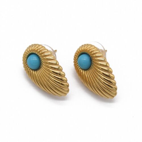 Gold Oval Lines Textured Style With Turquoise Stone Stud Earring